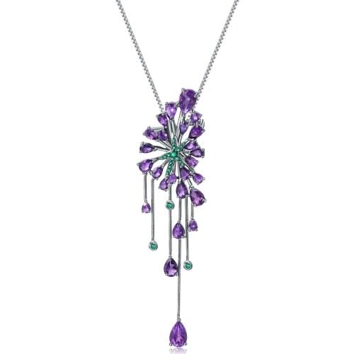 925 silver-plated natural amethyst necklace tassel shape fashion personality exaggerated luxury pendant