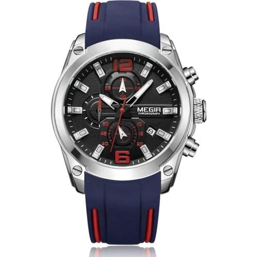 Megir Mens Chronograph Analog Quartz Watch with Date Luminous Hands, Waterproof Silicone Rubber Strap Wristswatch for Man 2063