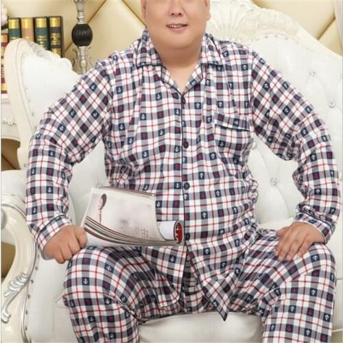 Mens Plus Size Pajama Sets 5XL Casual Nightwear Spring Autumn Sleepwear Knit Cotton Simple Plaid Night Suit 3XL 4XL