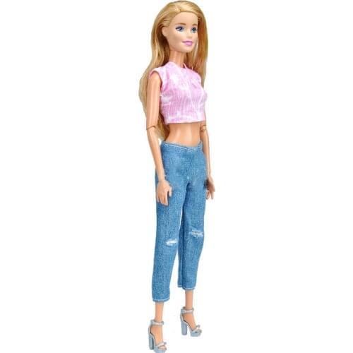 1/6 BJD Clothes For Barbie Doll Outfits Pink Shirt Crop Top Ripped Denim Pants Jeans Trousers 11.5" Dollhouse Accessory Kids Toy