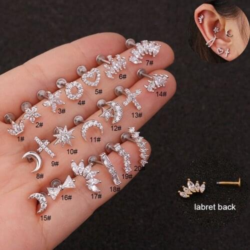 16G Cross Heart Flower Crown Cz Ear Studs Helix Piercing Cartilage Earring Conch Rook Tragus Stud Labret Back Piercing Jewelry