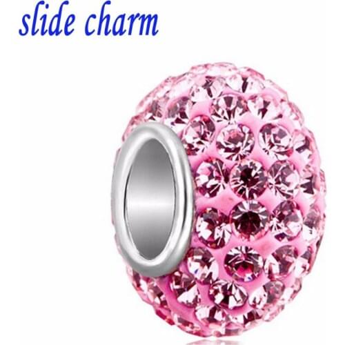 Slide charm 2018 Valentines Day pink clay amulet rainbow white crystal charm beads fit Pandora bracelet