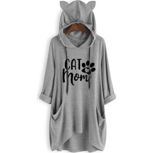 Slounchy Cute Cat Mom Paw Footprint Hoodies for Women Lady Pullover Sweatshirts Long Girl Pajamas Casual Spring Autumn Tops