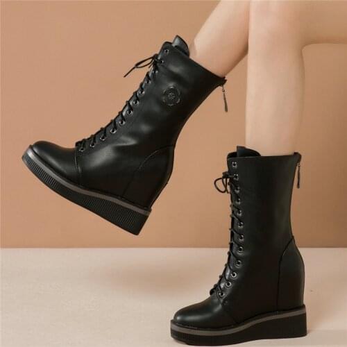 Rivets Shoes Women Lace Up Genuine Leather Wedges High Heel Ankle Boots Female High Top Round Toe Fashion Sneakers Casual Shoes