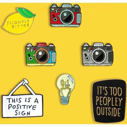 Creative cartoon fruit lemon peach metal enamel brooch fashion retro camera bulb badge fun personality coat backpack gift