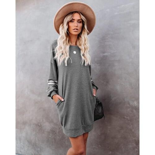 Spring Womens Dresses Fashion Solid Color Loose O Neck Long Sleeve Women Mini Dress Casual Street Black Khaki Clothing 2021