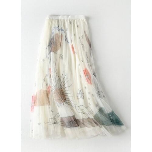 Graffiti Print Mesh Tulle Womens Skirts Elastic High Waist Long Skirt Female Summer 2021 Autumn Ladies A-line Pleated Skirts