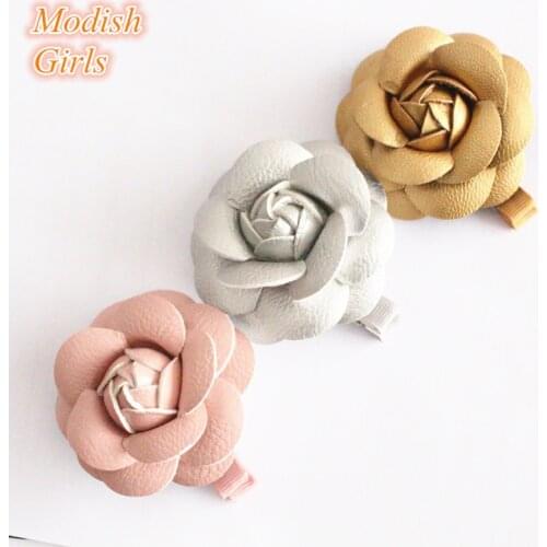 Artificial Leather Flower Design Gold Hair Accessories Kids Barrettes Famous Pink Rose Floral Hair Clips PU Hairpins 12pcs/lot