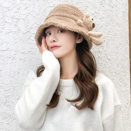 Women Winter Fluffy Plush Warm Bucket Hat Cute 3D Stuffed Teddy Bear Wide Brim Harajuku Outdoor Panama Fisherman Cap