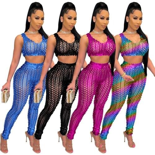 2Pcs Women Summer Outfits Solid Color See Through Tank Tops + High-Waist Pants Suit for Girls Sexy Matching Sets