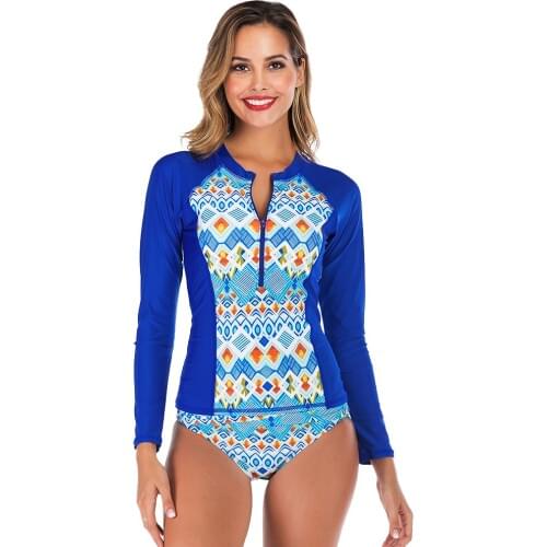 Womens Two Pieces Swimsuit Floral Print Front Closure Zipper Front Swimwear Long Sleeves Bathing Suit Beachwear S M L XL XXL