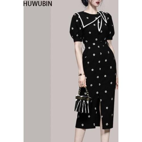 Korean Elegant Style Summer Bubble Sleeve Dress Design Light Luxury Elegant Solid Color Embroidery Pattern Medium Length Dress
