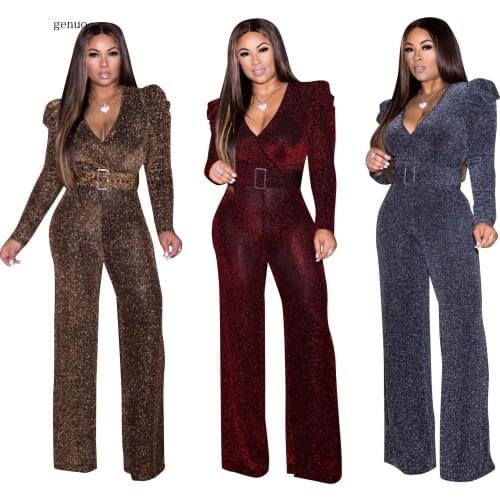 2020 Sexy Shiny Bodycon Jumpsuit Club Party Night Overalls Sexy Elegant One Piece Long Sleeve Deep V Neck Romper Women Jumpsuits