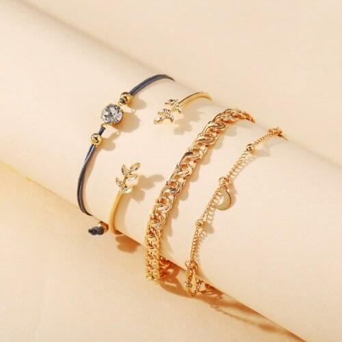 4pcs Set Rhinestone Bracelet Minimalist Alloy Metal Handmade Chain Bracelet Beach Jewelry for Women and Girls LXH