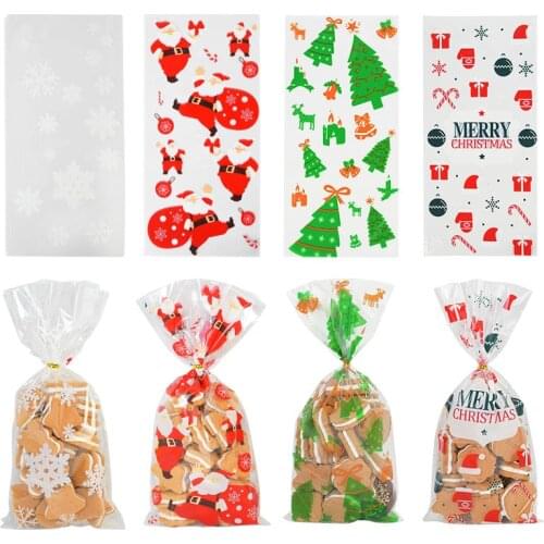 50pcs Christmas Candy Bags Christmas Tree Santa Plastic Baking Cookie Pouch For New Year Xmas Party Gifts Packing Bag Navidads