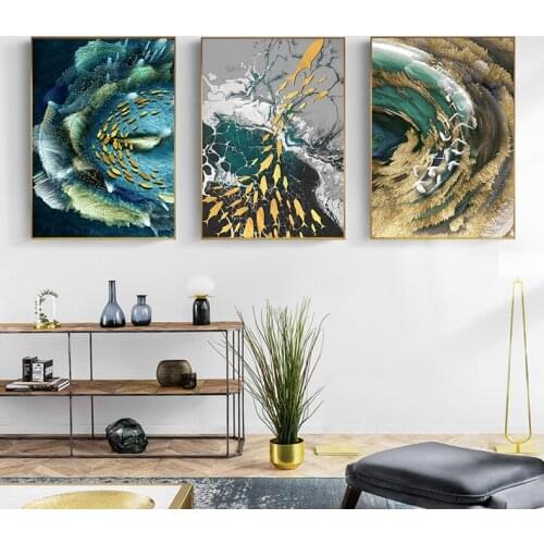 Abstract Canvas Painting Golden Feather Poster Wall Paintings Blue Green Wall Art Picture for Living Room Fashion Tableaux Decor