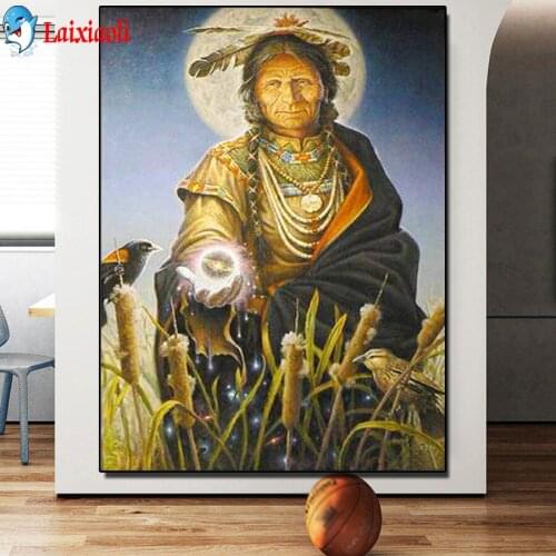Diamond painting cross stitch embroidered indian old woman diamonds mosaic full square round rhinestone American art,native