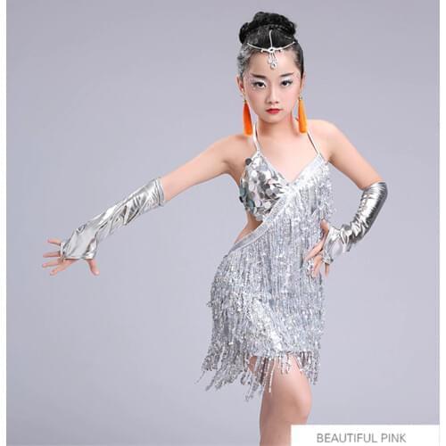 Child kid children professional latin dance dress for girls ballroom dancing dresses for kids red sequin fringe salsa tassel