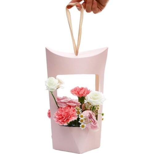 1PC Kraft Paper Flower Box Handbag Bouquet Basket Hollow with Ribbon Florist Gift Packing Creative Party Decoration