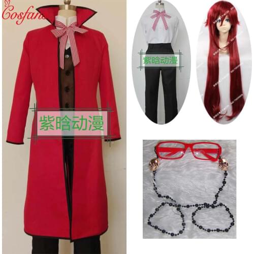 Anime Black Butler Death Shinigami Grell Sutcliff Cosplay Red Uniform Outfit Glasses Carnaval Halloween Costumes men and wig