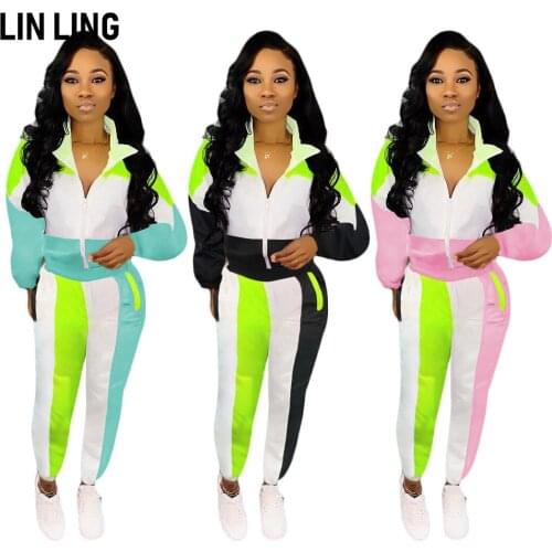 LINLING Lapel Zipper Casual Sports Color Contrast Multi Color Trend Splicing Long Sleeve + Trousers Suit