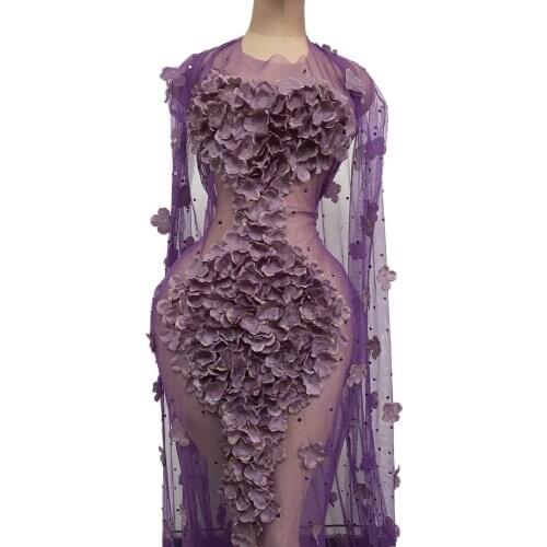 Fashion Wedding Birthday Celebration Floral Mermaid Dress Women Sexy Party See Through Rhinestone Dress + Cape Singer Stage Wear