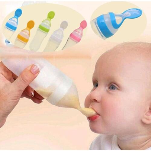 New Lovely Safety Infant Baby Silicone Squeeze Feeding With Spoon Feeder Food Rice Cereal Bottle For Best Gift 90ML