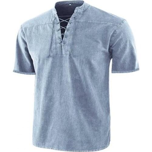 Men Stand Collar Front Lace Up Short Sleeve V Neck Slim Solid Color Streetwear for Daily Wear Casual Top Loose Fashion Shirt