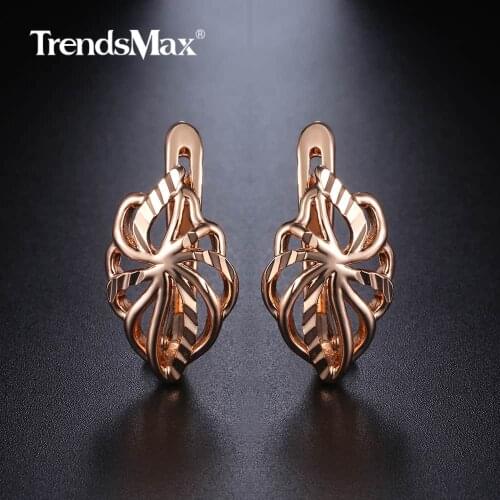Women Stud Earrings Cut Out Leaf Shaped 585 Rose Gold Earrings Unique Women Fashion Wedding Party Jewelry Gift GE164A