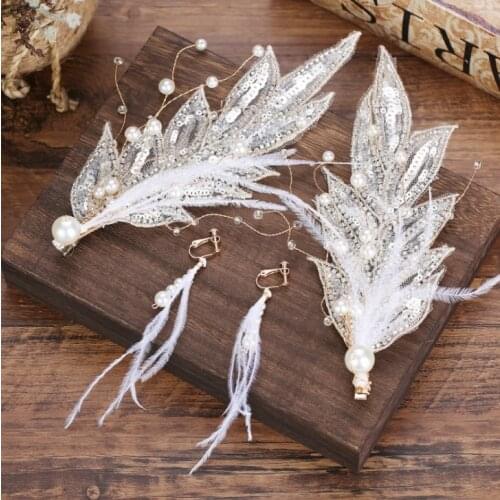 Super Fairy White Feather Lace Lead Hair Clip Headdress Wedding Personality Sweet Feather Barrettes Earrings Hair Accessories