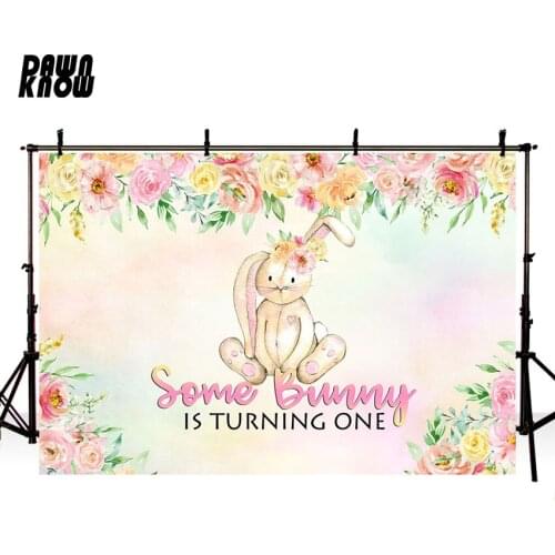 DAWNKNOW Rabbit Flowers Vinyl Photography Background For Baby Cartoon Bear Photo Shoot Backdrop For Wedding Photo Studio G1047