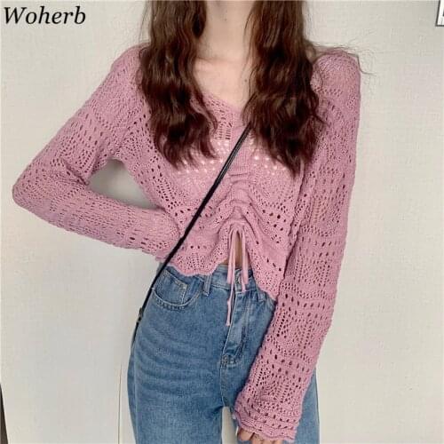 Woherb Hollow Out Thin Knitwear Women Loose Female Short V-neck Summer New Knitted Drawstring Cropped Ladies Tops 2021 All Match
