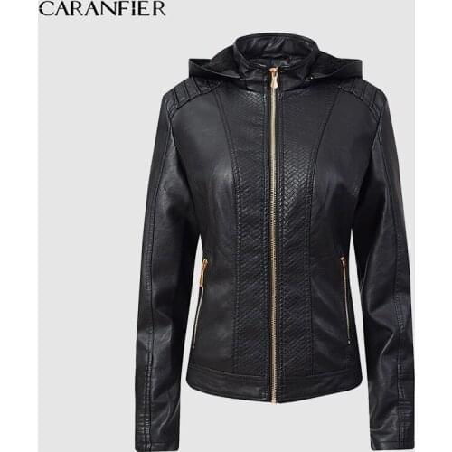 CARANFIER 2020 Faux Leather Jacket Women Hooded Jacket Ladies Suede Motorcycle Punk Biker Jackets Street Long Sleeve Dropshiper