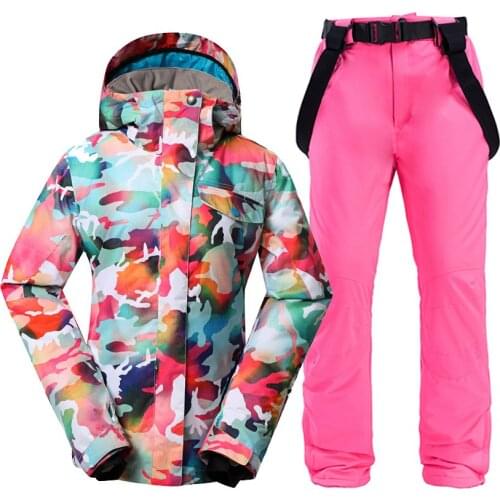Women Snow Wear 10K Waterproof Windproof Skiing Suit Sets Ladies Snowboarding Clothing Camouflage Costumes Jacket + Strap Pants