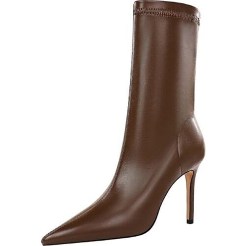 Women Shoes Boots for Women Brown Faux Leather High Heel Pumps Point Toe Mid-calf Boots Short Plush Winter Shoes Female Fashion