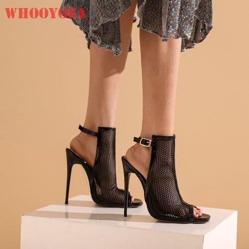 2021 Summer New Glamour White Black Women Mesh Sandals Sqaure Toe High Thin Heels Office Lady Shoes Plus Big Size 12 43 48