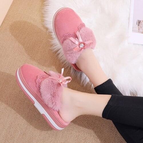 Women Winter Warm Plush Slippers Ladies Home Fluffy Lace Bowtie Fashion Shoes Woman Non Slip Indoor Female Platform Slipper