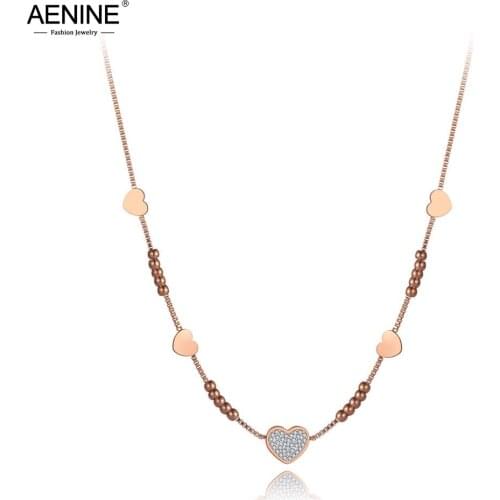 AENINE New Stainless Steel Love Heart CZ Crystal Pendant Necklaces For Women Rose Gold Clay Rhinestone Choker Necklace AN19175