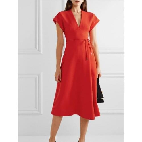 Summer Dress 2020 New Deep V neck Raglan Sleeves Long Dress Women Back Zipper Slim High Waist Slim Red A Word Commute Dress