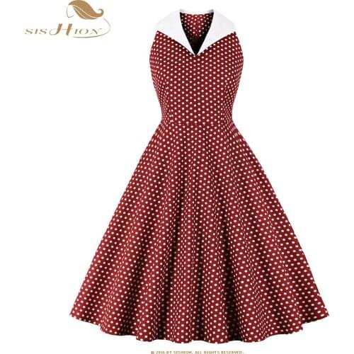 SISHION 100% Cotton Comfortable Sewing Vintage Dress VD1696 Sleeve V Neck Elegant Polka Dots Red Women Summer Dresses