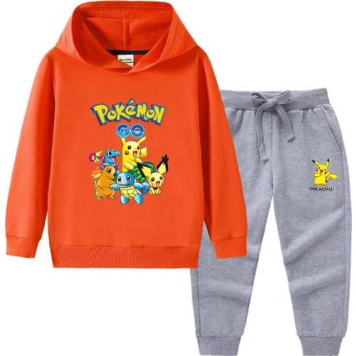 Pokemon 100% Cotton Anime Clothes Set Top Pants Pikachu Children Hoodies Soft Warm Sweatshirts Kids Cartoons Tops 2pcs Set