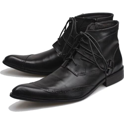 2018 New Autumn Winter Men Leather Boots Black Pointed Toe Lace-up Botas Hombre Fashion Designers Ankle Boots Sapatos, EU38-46