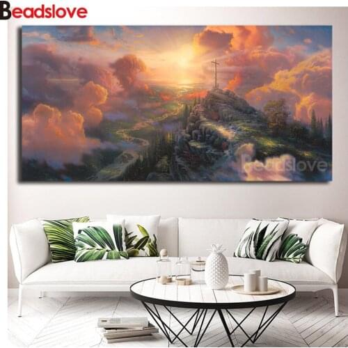 The cross hill scenery pictures mosaic diamond embroidery beads DIY 5D Full round diamond mosaic sale large size wall decor