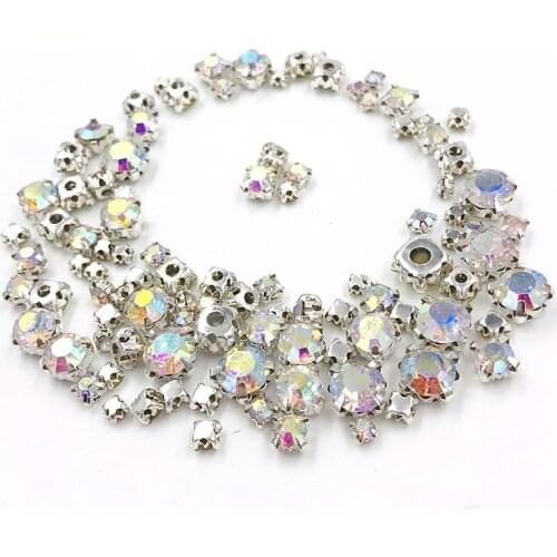 Free shipping 100pcs/pack Mixed size AB color glass crystal sliver base sew on rhinestones with claw diy apparel accessories