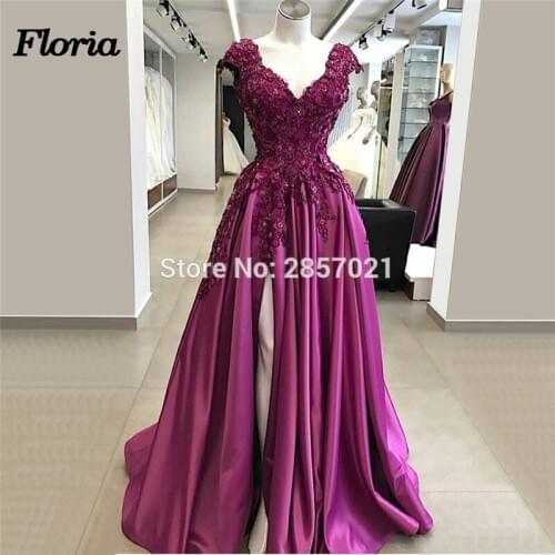 Purple Side Split Evening Dresses For 2019 Robe de soiree Lace Appliques Formal Party Gowns Arabic Dubai Kaftan Long Prom Dress