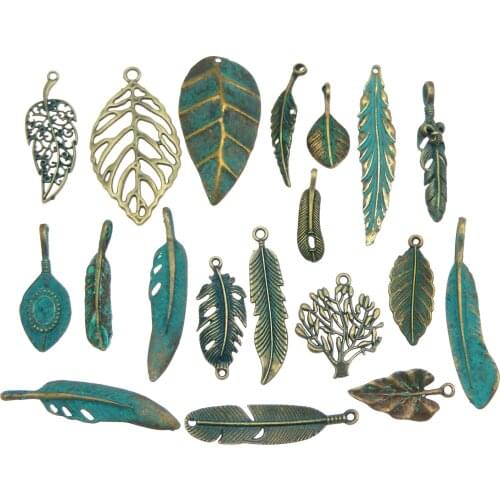 GraceAngie 14pcs Antique Bronze Charms Simulated Green Leaves Pendants Suspension Bracelets Necklace Accessory Mixed Shape