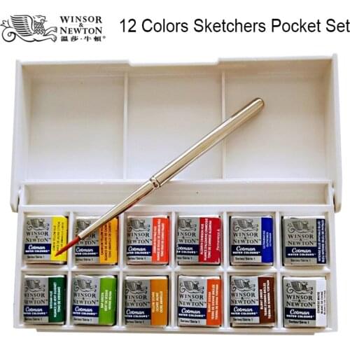 Winsor&Newton cotman solid WaterColor Paint Pigment Pocket Set 12 half pans and a brush pen