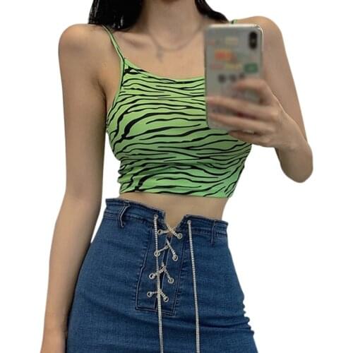 Summer Women Green Zebra Printed Y2k Crop Tops Sexy Girl Sling Vest Camisole Y2k 90s Aesthetic Streetwear Women Camis