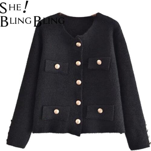 SheBlingBling Za Woman 2021 Traf Fashion Button Single Breasted Short Sweater Coat Vintage Elegant Black Knit Cardigan Outerwear