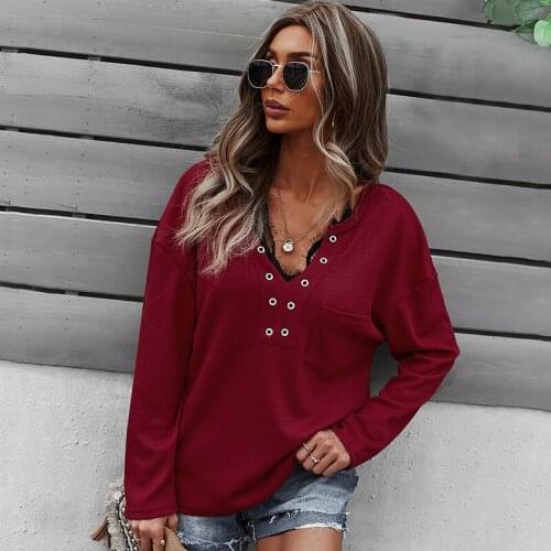 Fashionable Daily V-neck Pullover Womens 2021 Spring/Autumn Knit Pocket Plus Size Top Casual Solid Color Harajuku T shirt